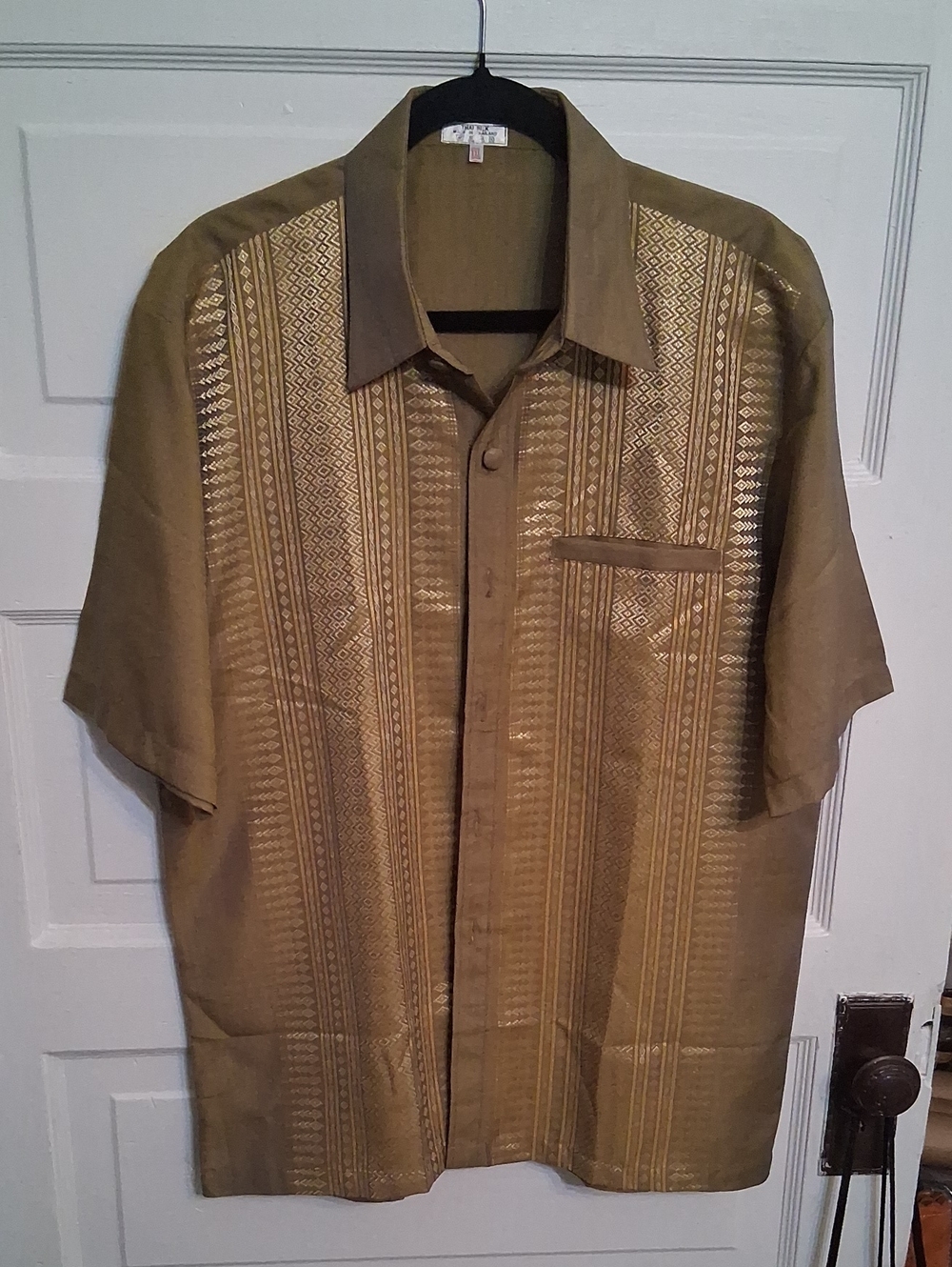 Men's Short-Sleeve Dress Shirt in Olive with Jacquard Panels